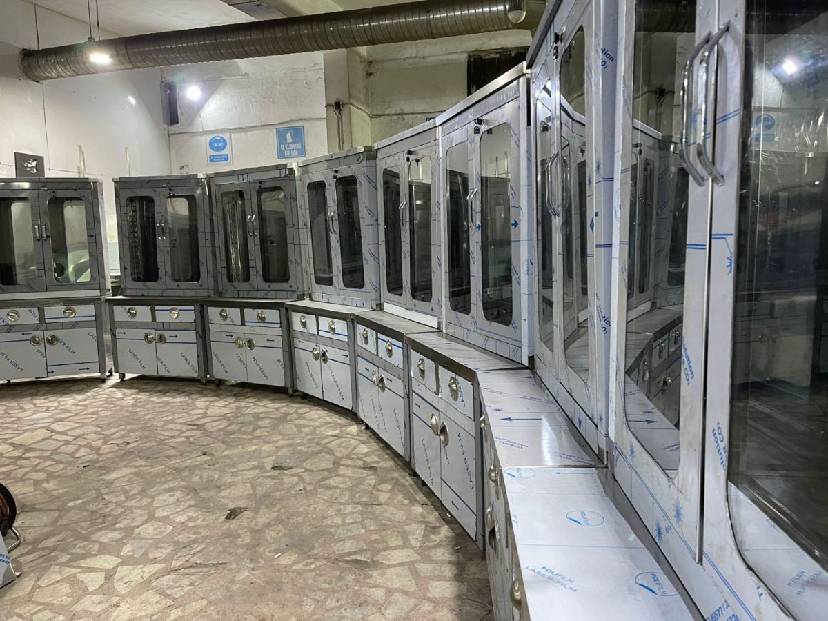 Made: stainless-steel hospital furniture at the Turkish factory, before packing.